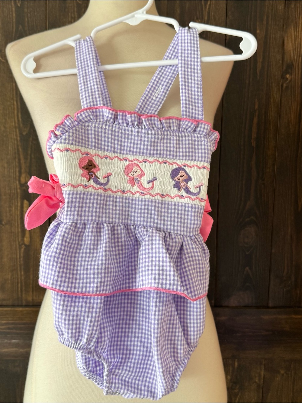 Girls Rylee Faith Mermaid Smocked Bubble Romper 12 Months Purple Gingham